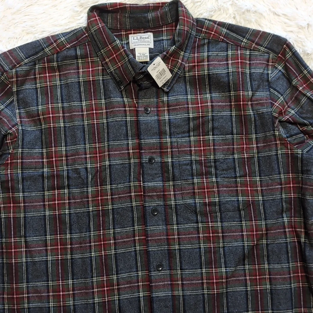 NWT L.L. Bean Grey Stewart Scotch Plaid Flannel Button Up Shirt Size XL - Picture 3 of 7